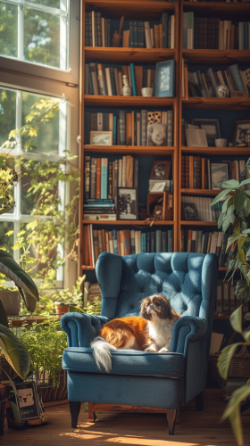 Cozy Blue Armchair with Bookcase and Dogs for Stock Photo